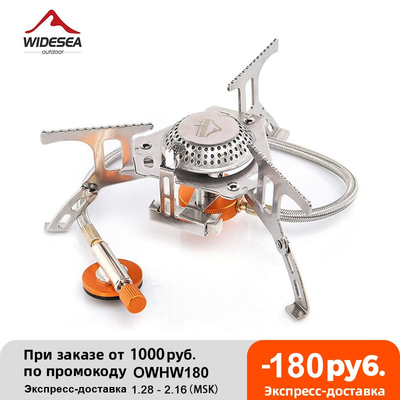 Camping gas stove with strong fire output, made of stainless steel, ideal for outdoor cooking.