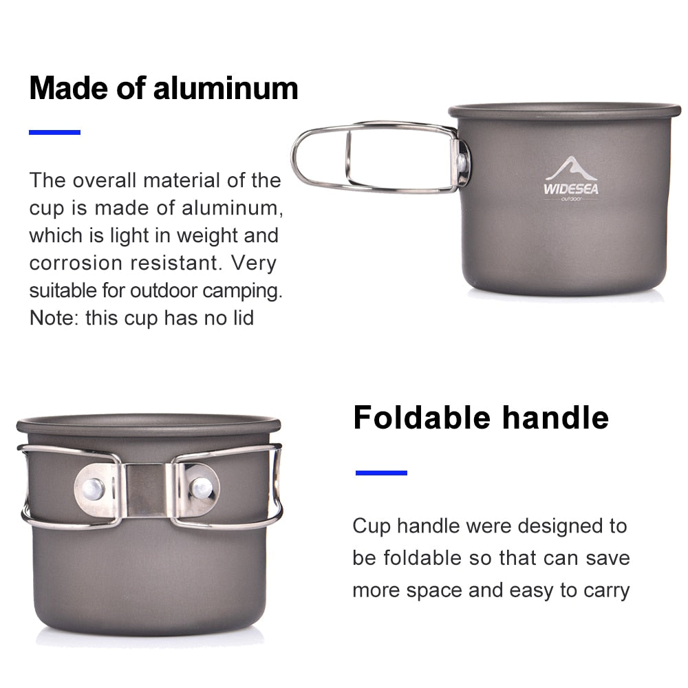 A lightweight aluminum camping mug designed for outdoor use, perfect for coffee and tea during hiking and picnics.