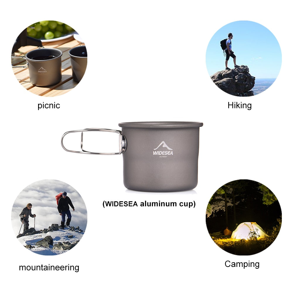 A lightweight aluminum camping mug designed for outdoor use, perfect for coffee and tea during hiking and picnics.