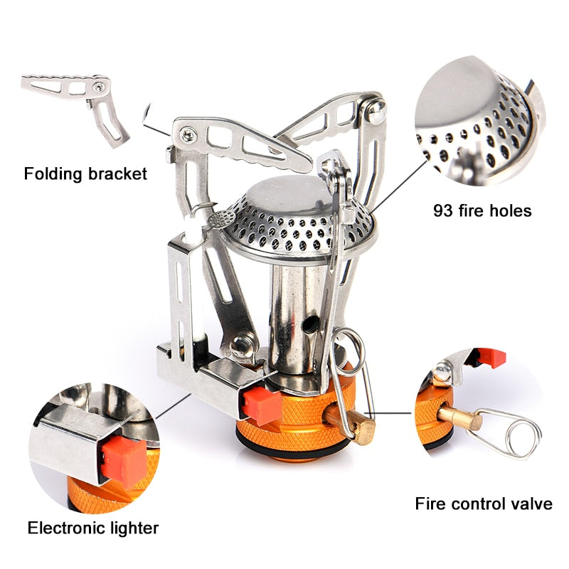 Camping One-piece Gas Stove Heater made of titanium, showcasing its foldable design and compact size, ideal for outdoor cooking.