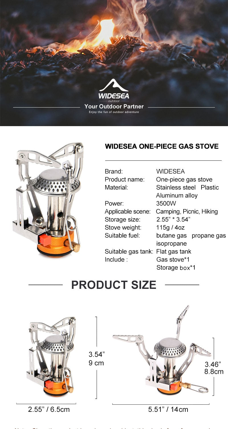 Camping One-piece Gas Stove Heater made of titanium, showcasing its foldable design and compact size, ideal for outdoor cooking.