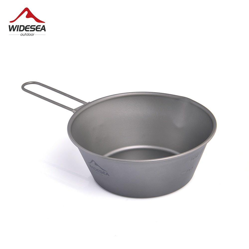 Camping Titanium Bowl with foldable handle, ideal for outdoor cooking and dining.