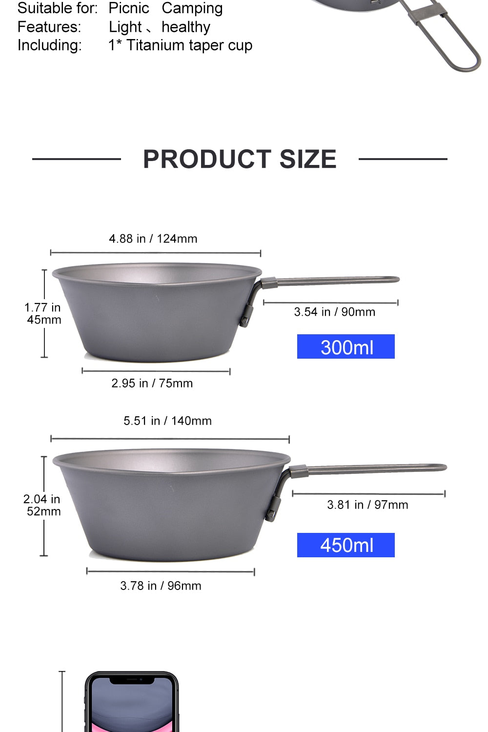 Camping Titanium Bowl with foldable handle, ideal for outdoor cooking and dining.
