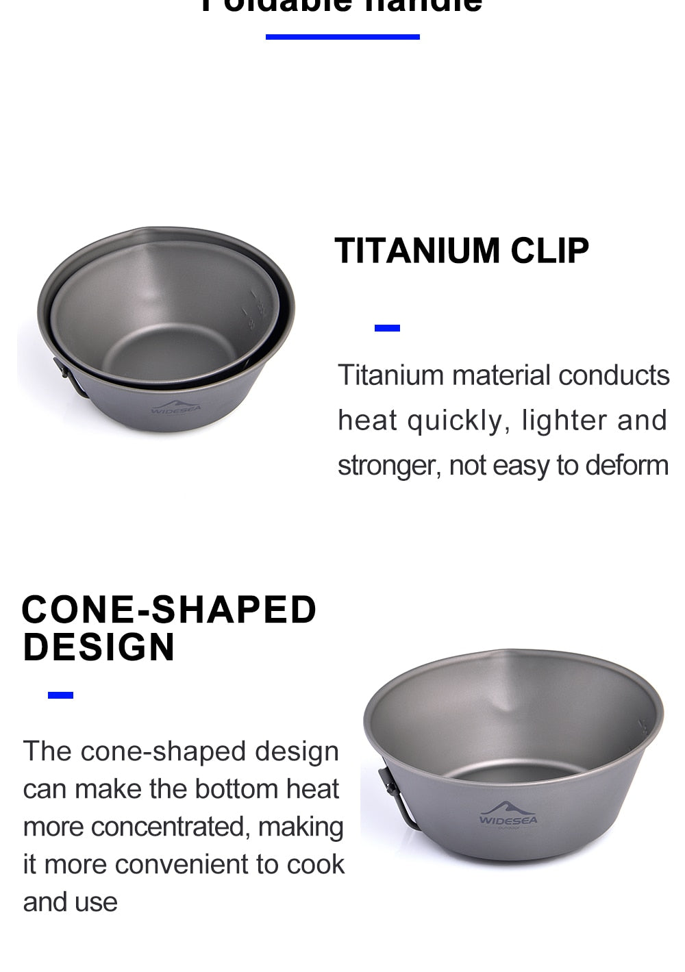 Camping Titanium Bowl with foldable handle, ideal for outdoor cooking and dining.