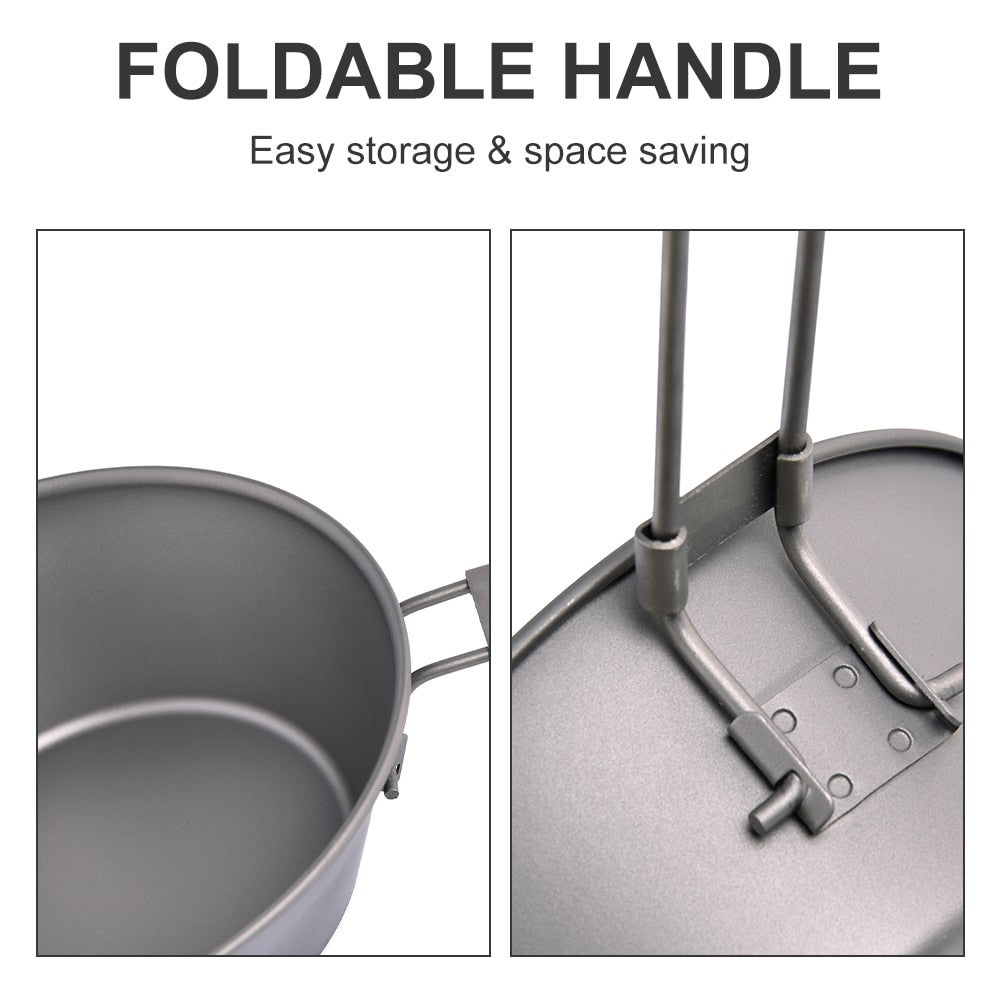 Camping Titanium Bowl with foldable handle, ideal for outdoor cooking and dining.