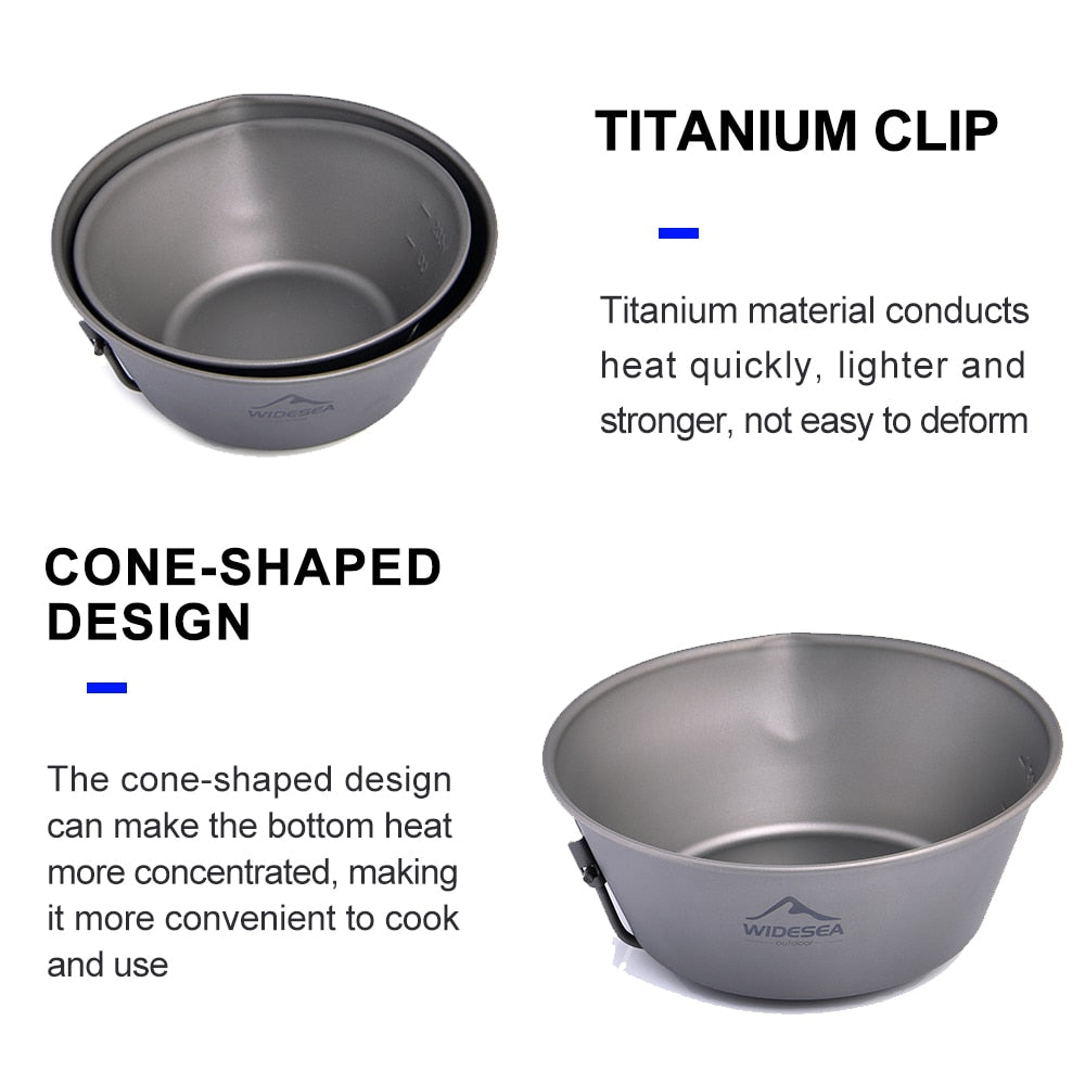 Camping Titanium Bowl with foldable handle, ideal for outdoor cooking and dining.
