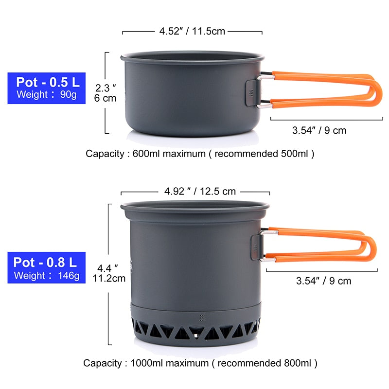 Camping Ultra-light Cookware Pots Set including pots, gas burner stove, and utensils for outdoor cooking.