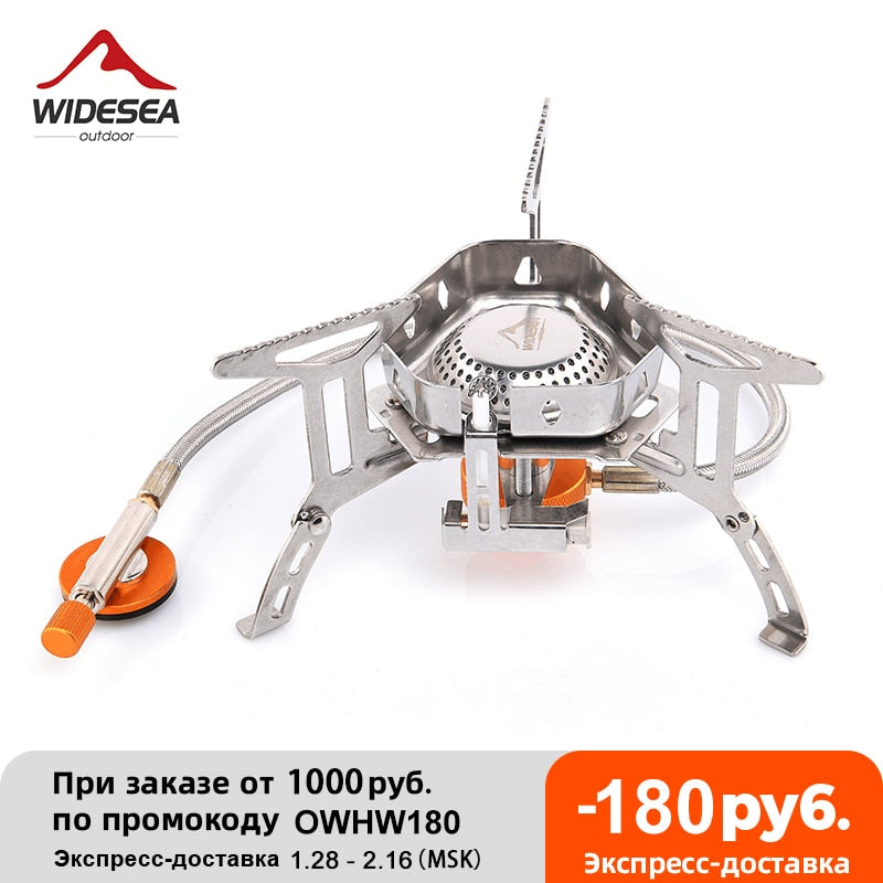 Camping Wind Proof Gas Burner with strong flame, made of stainless steel, designed for outdoor cooking in windy conditions.