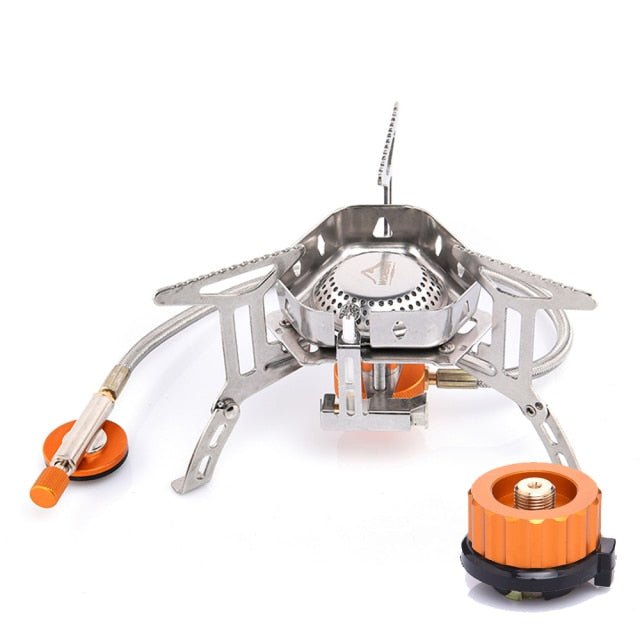 Camping Wind Proof Gas Burner with strong flame, made of stainless steel, designed for outdoor cooking in windy conditions.