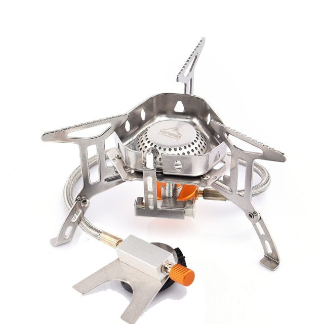 Camping Wind Proof Gas Burner with strong flame, made of stainless steel, designed for outdoor cooking in windy conditions.
