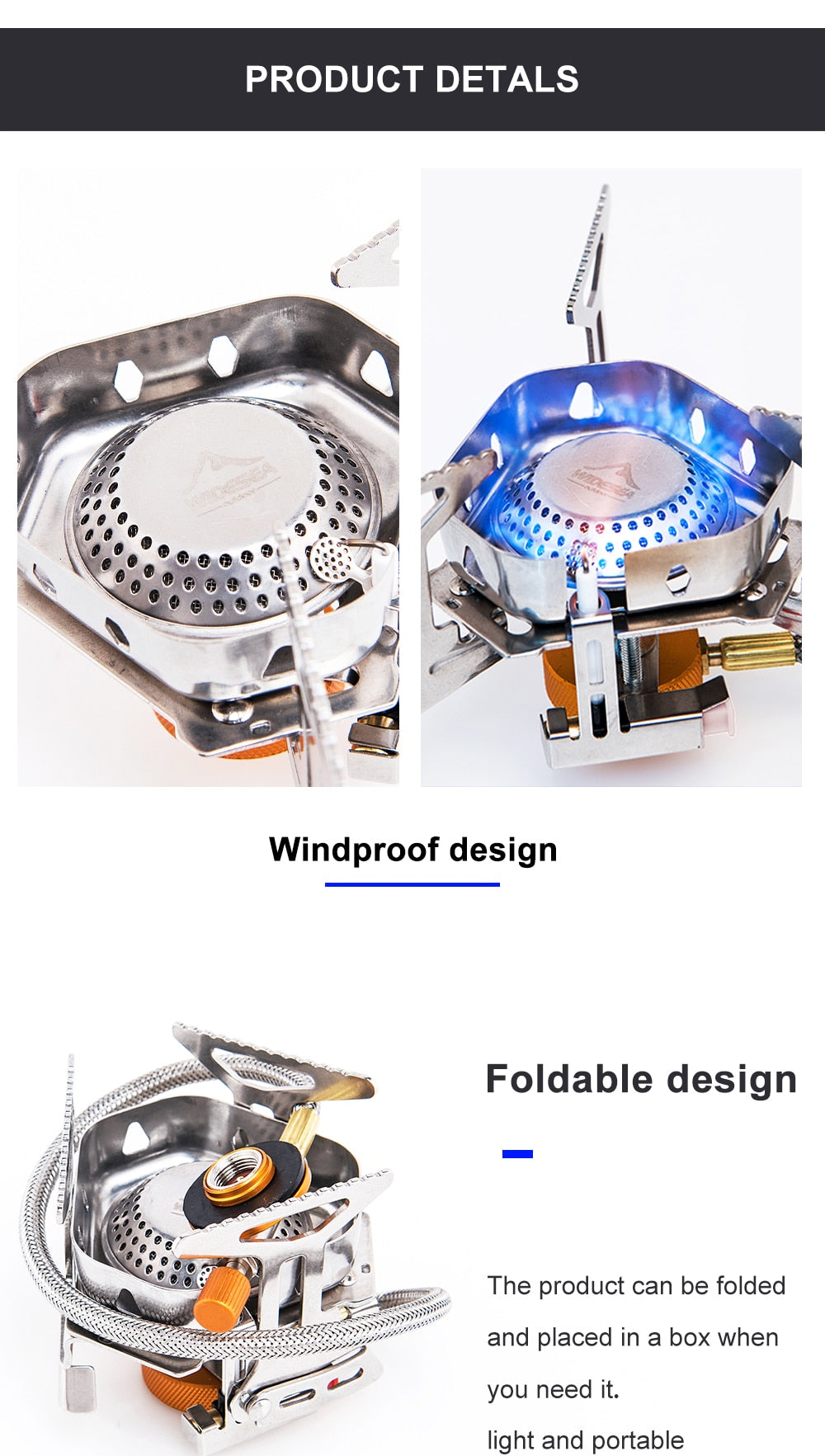 Camping Wind Proof Gas Burner with strong flame, made of stainless steel, designed for outdoor cooking in windy conditions.