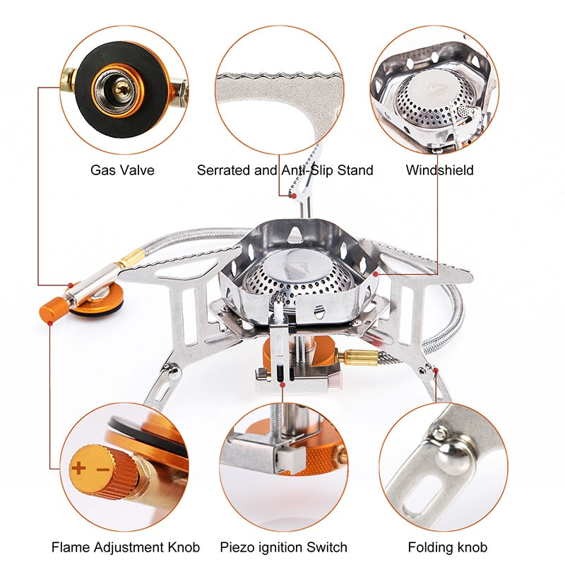 Camping Wind Proof Gas Burner with strong flame, made of stainless steel, designed for outdoor cooking in windy conditions.