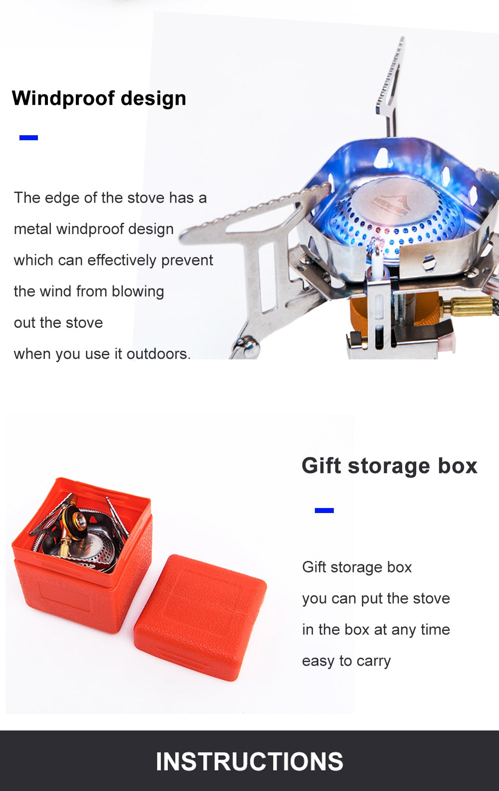 Camping Wind Proof Gas Burner with strong flame, made of stainless steel, designed for outdoor cooking in windy conditions.