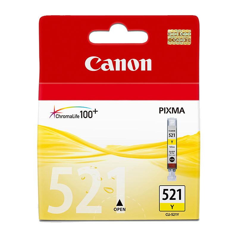 CANON CLI521 Yellow Ink Cartridge with packaging, showcasing vibrant yellow color and Canon branding.