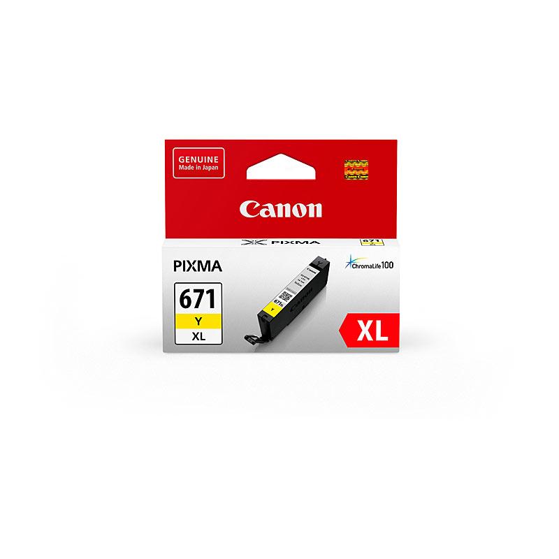 CANON CLI671XL Yellow Ink Cartridge with packaging, showcasing vibrant yellow color and Canon branding.