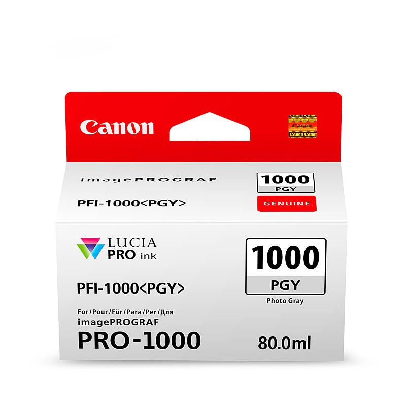CANON PFI1000 Ph Grey Ink Cartridge, showcasing its sleek design and packaging.