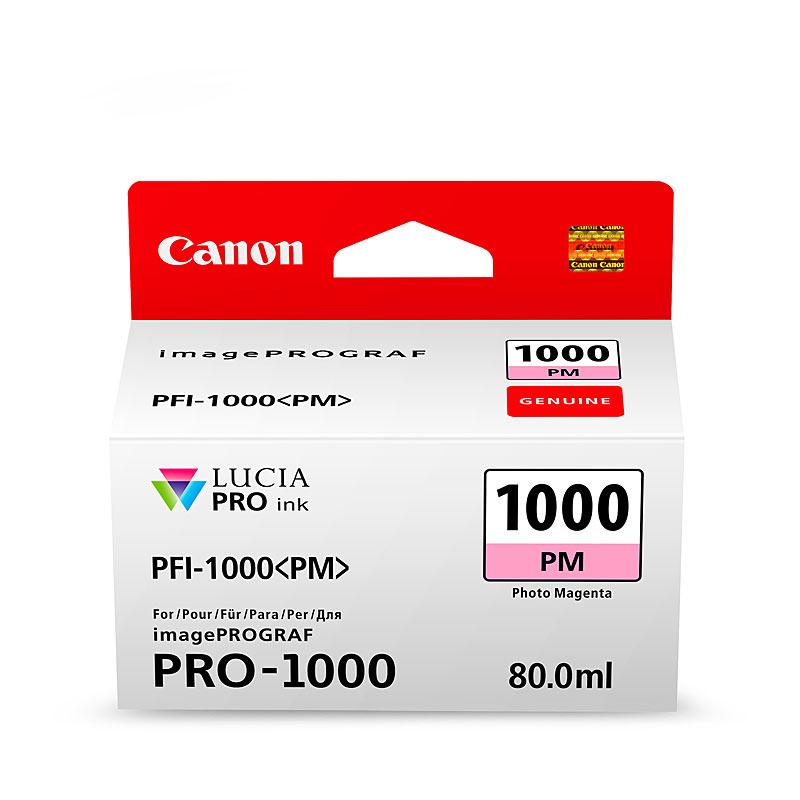 CANON PFI1000 Ph Magenta Ink Cartridge showcasing its vibrant color and design, ideal for professional printing.
