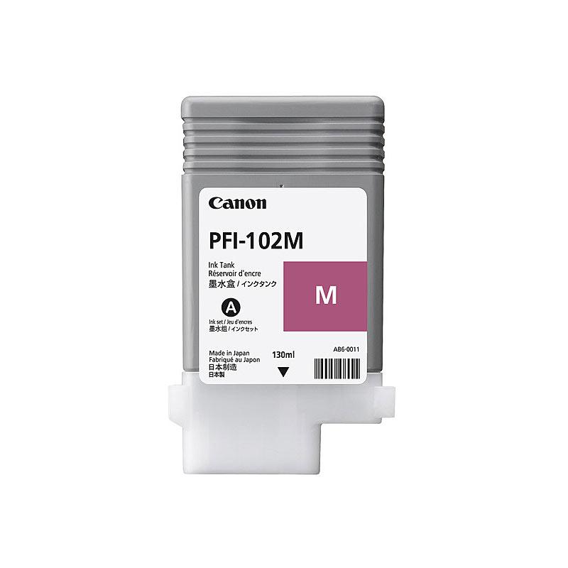 CANON PFI102 Magenta Ink cartridge showcasing its vibrant color and design, ideal for professional printing.