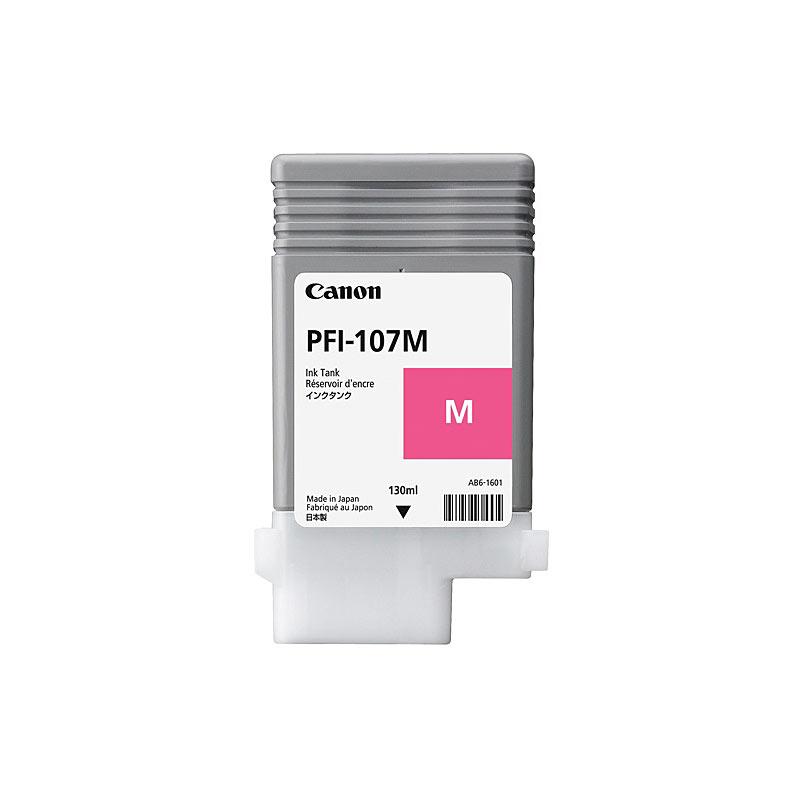 CANON PFI107 Magenta Ink cartridge showcasing its vibrant color and design, ideal for high-quality printing.