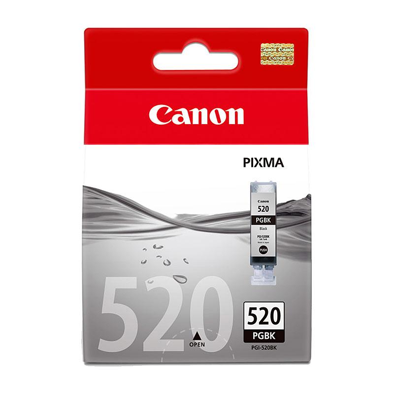 CANON PGI520 Black Ink Cartridge with packaging, showcasing its design and branding.