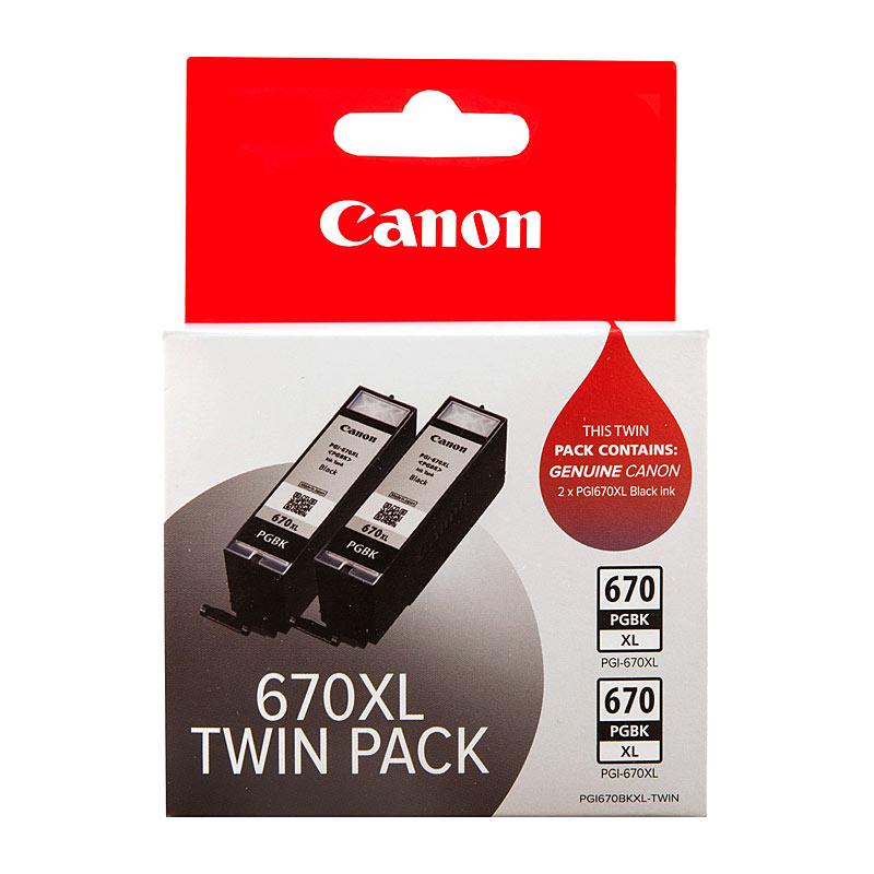 CANON PGI670XL Black Ink Twin Pack with two cartridges, designed for high-quality printing.