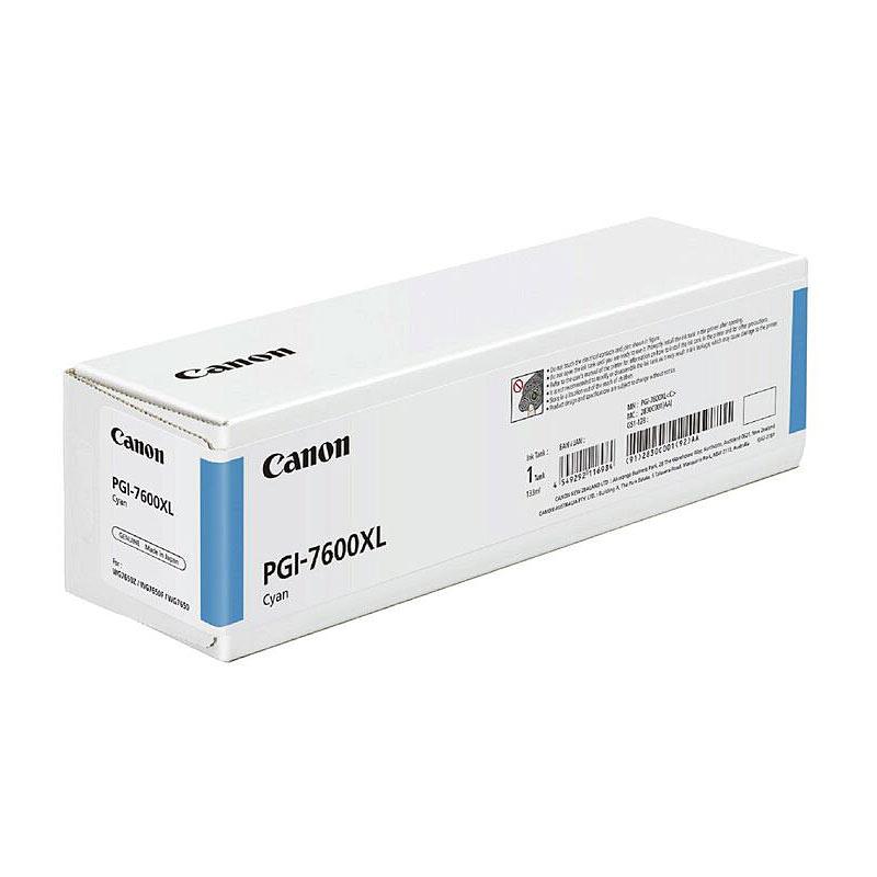 CANON PGI7600XL Cyan Ink Tank with packaging, showcasing vibrant cyan color and Canon branding.