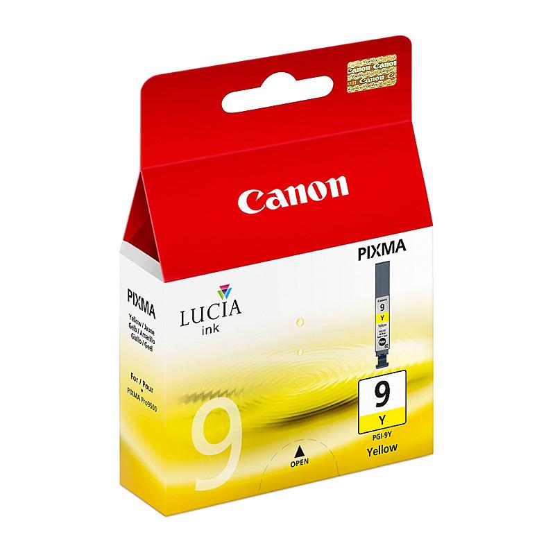 CANON PGI9 Yellow Ink Cartridge with packaging, showcasing vibrant yellow color.