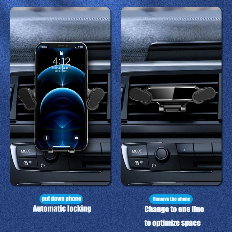 Car Air Vent Gravity Snap Phone Navigation Mount with sun pattern design, securely holding a smartphone in a car air vent.