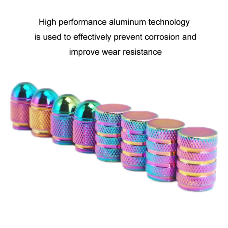 Aluminum alloy dustproof valve cap for car and bicycle tires, cylindrical style, showcasing its metallic texture and design.