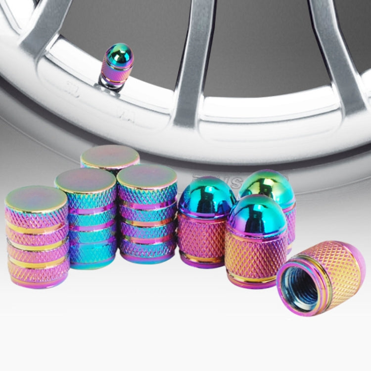 Aluminum alloy dustproof valve cap for car and bicycle tires, cylindrical style, showcasing its metallic texture and design.