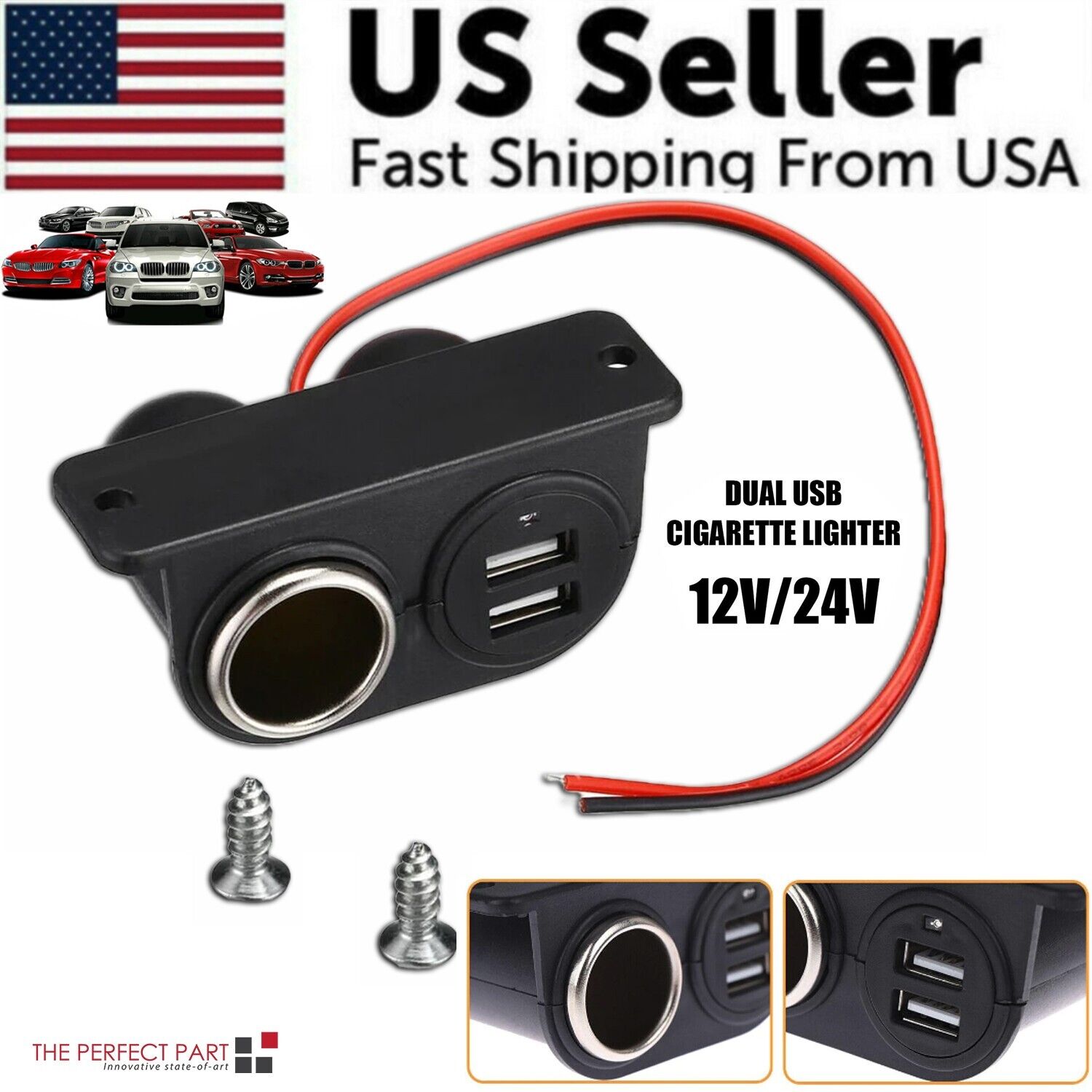 Car Cigarette Lighter Socket Splitter with Dual USB Charger Power Adapter designed for 12V vehicles, featuring a compact and waterproof design.