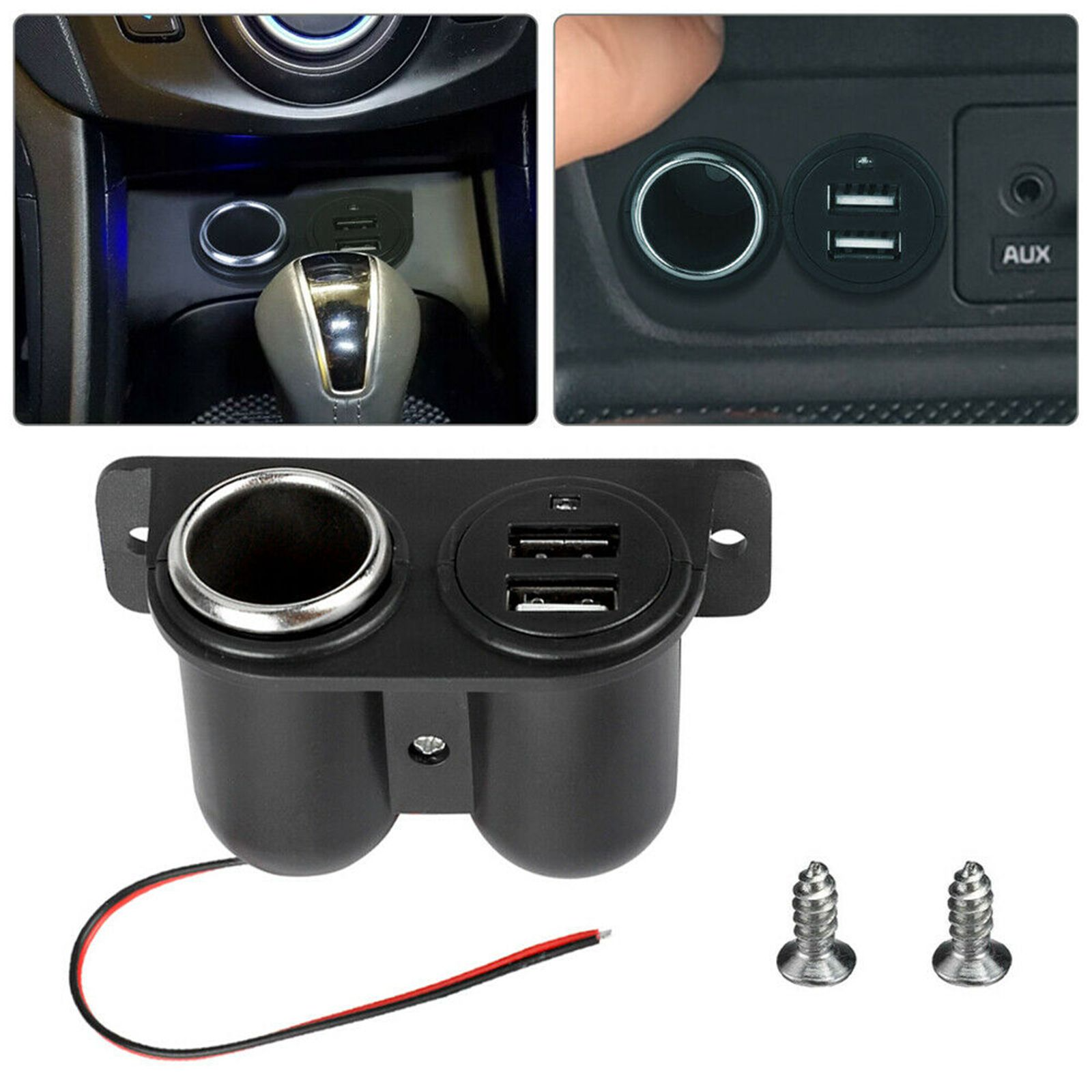 Car Cigarette Lighter Socket Splitter with Dual USB Charger Power Adapter designed for 12V vehicles, featuring a compact and waterproof design.