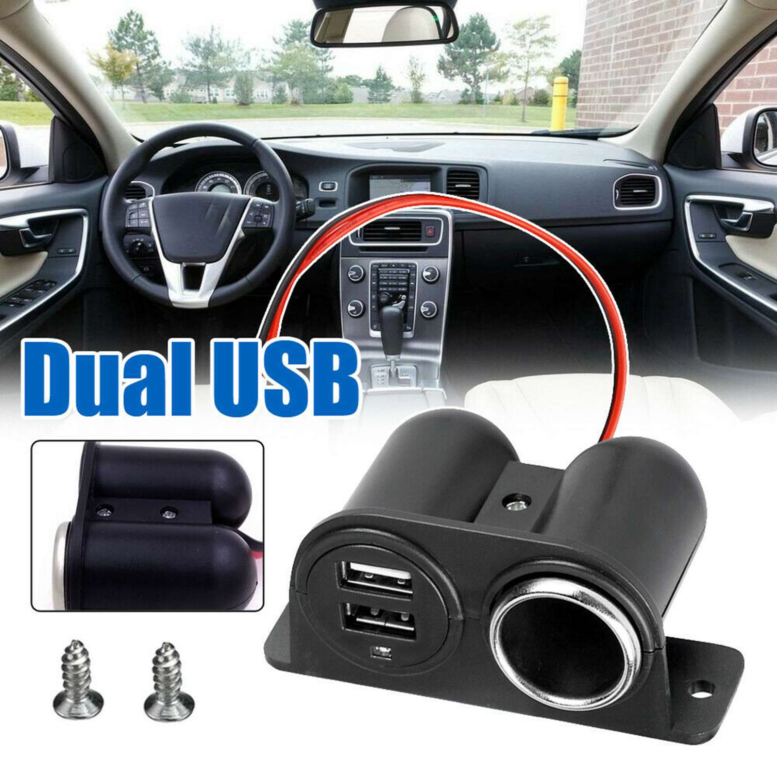 Car Cigarette Lighter Socket Splitter with Dual USB Charger Power Adapter designed for 12V vehicles, featuring a compact and waterproof design.
