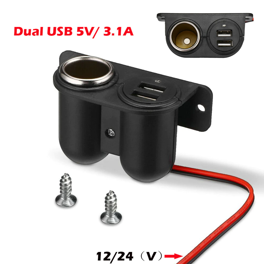 Car Cigarette Lighter Socket Splitter with Dual USB Charger Power Adapter designed for 12V vehicles, featuring a compact and waterproof design.