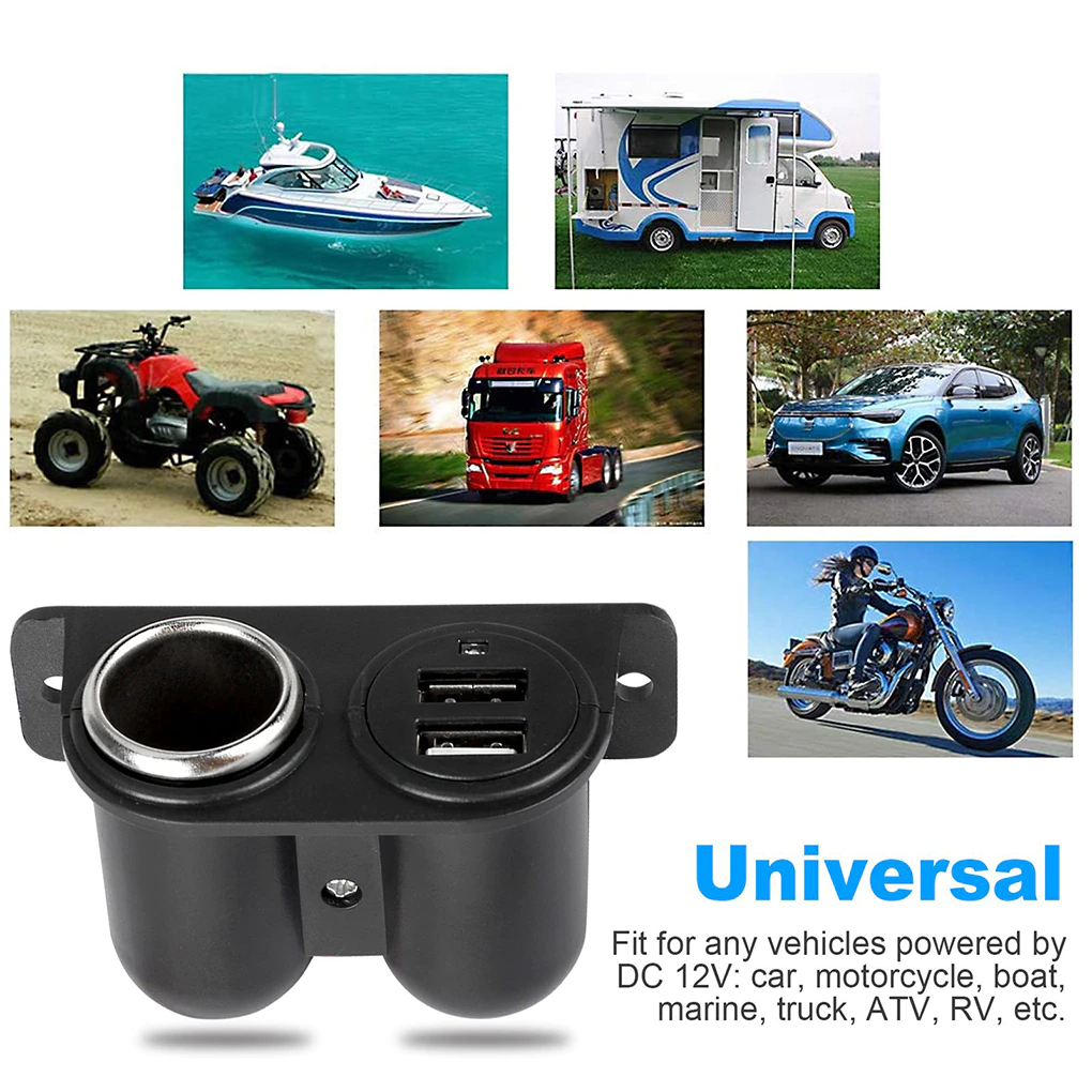 Car Cigarette Lighter Socket Splitter with Dual USB Charger Power Adapter designed for 12V vehicles, featuring a compact and waterproof design.