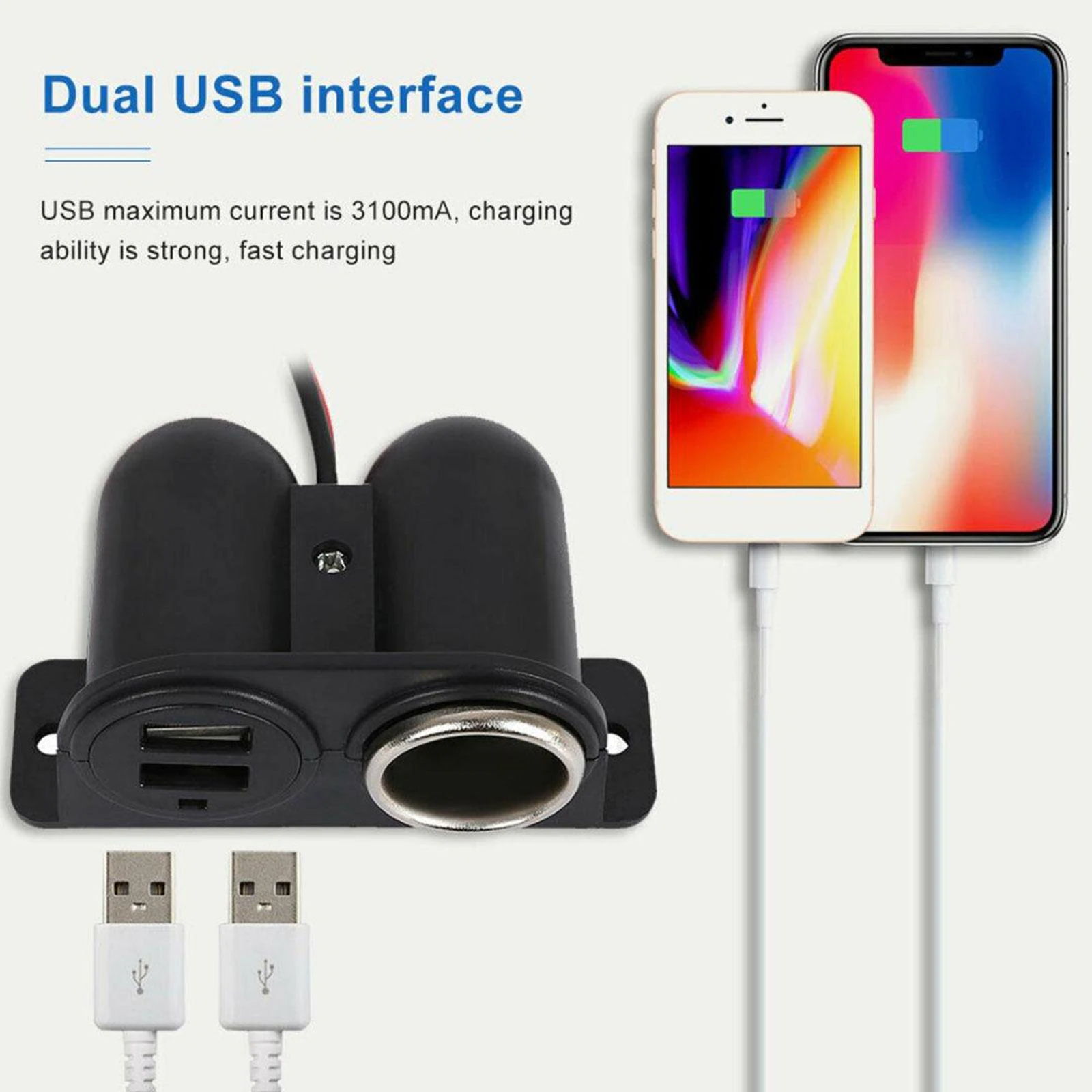 Car Cigarette Lighter Socket Splitter with Dual USB Charger Power Adapter designed for 12V vehicles, featuring a compact and waterproof design.