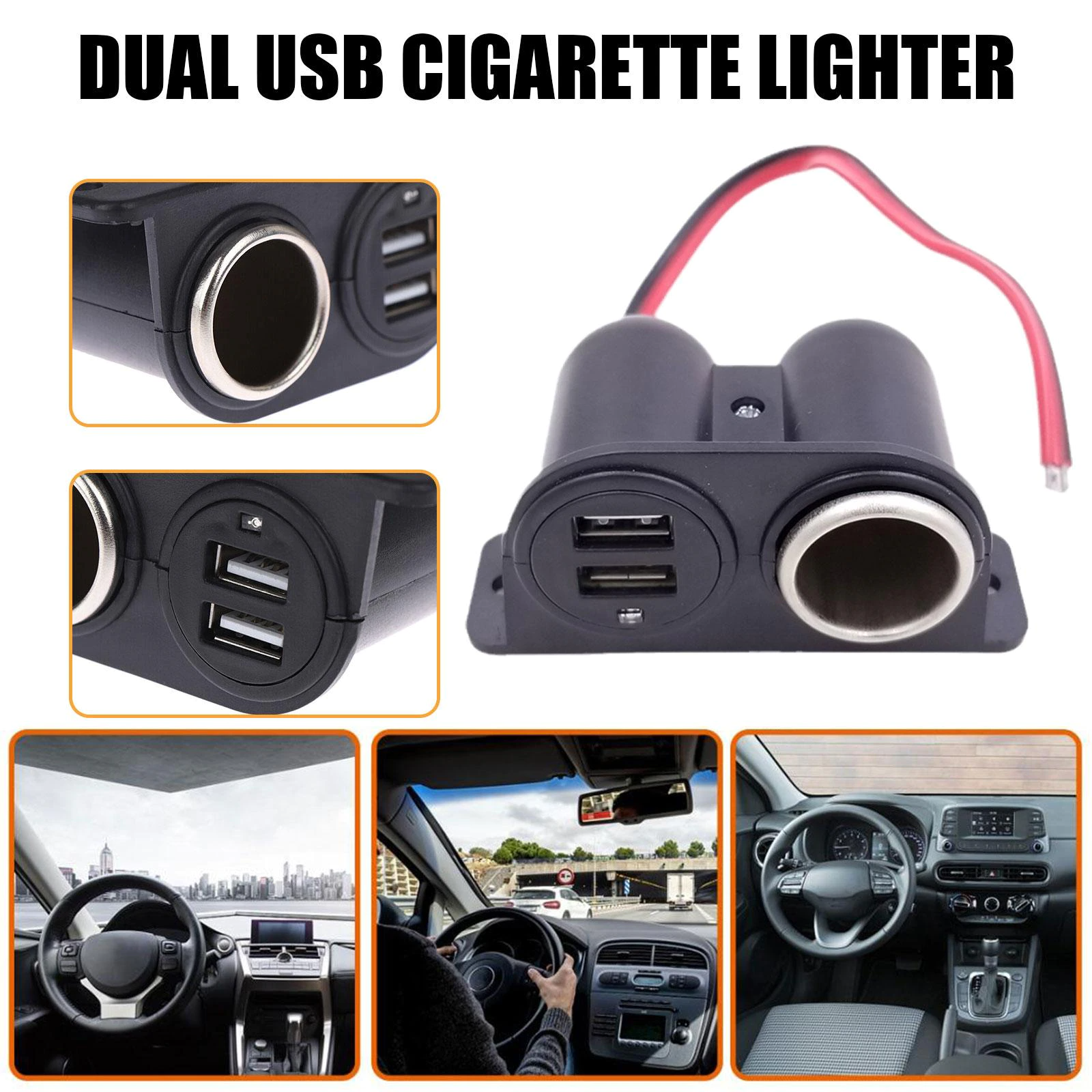 Car Cigarette Lighter Socket Splitter with Dual USB Charger Power Adapter designed for 12V vehicles, featuring a compact and waterproof design.