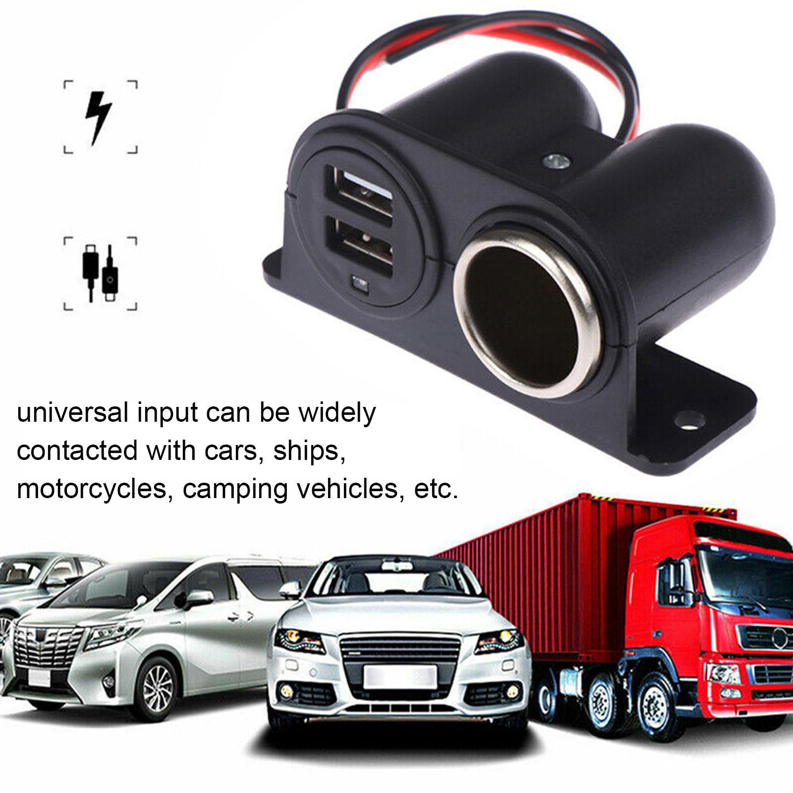 Car Cigarette Lighter Socket Splitter with Dual USB Charger Power Adapter designed for 12V vehicles, featuring a compact and waterproof design.