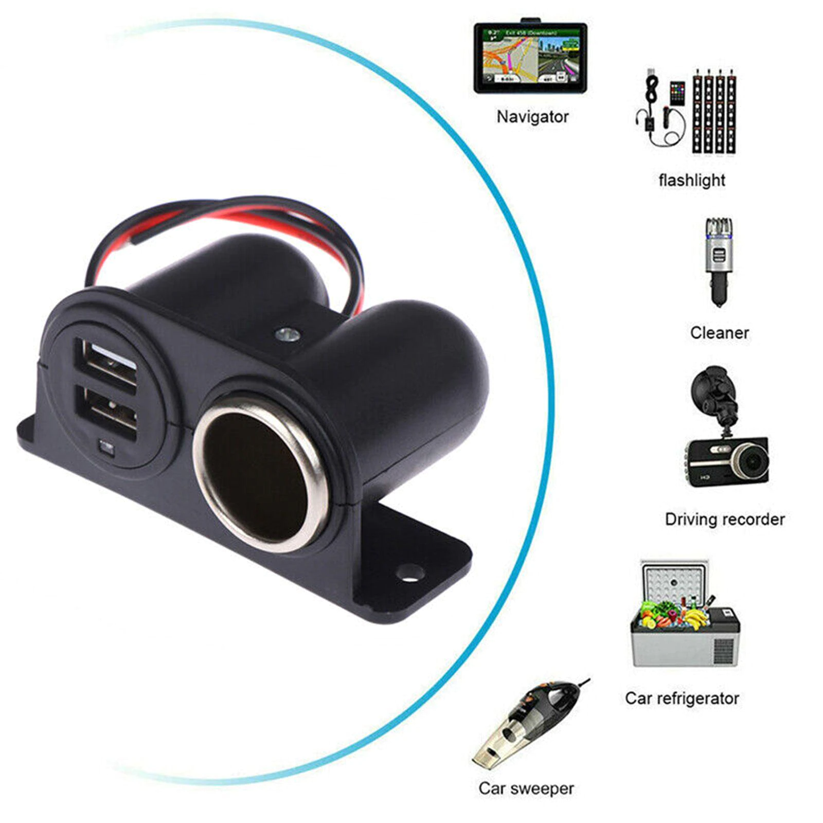 Car Cigarette Lighter Socket Splitter with Dual USB Charger Power Adapter designed for 12V vehicles, featuring a compact and waterproof design.