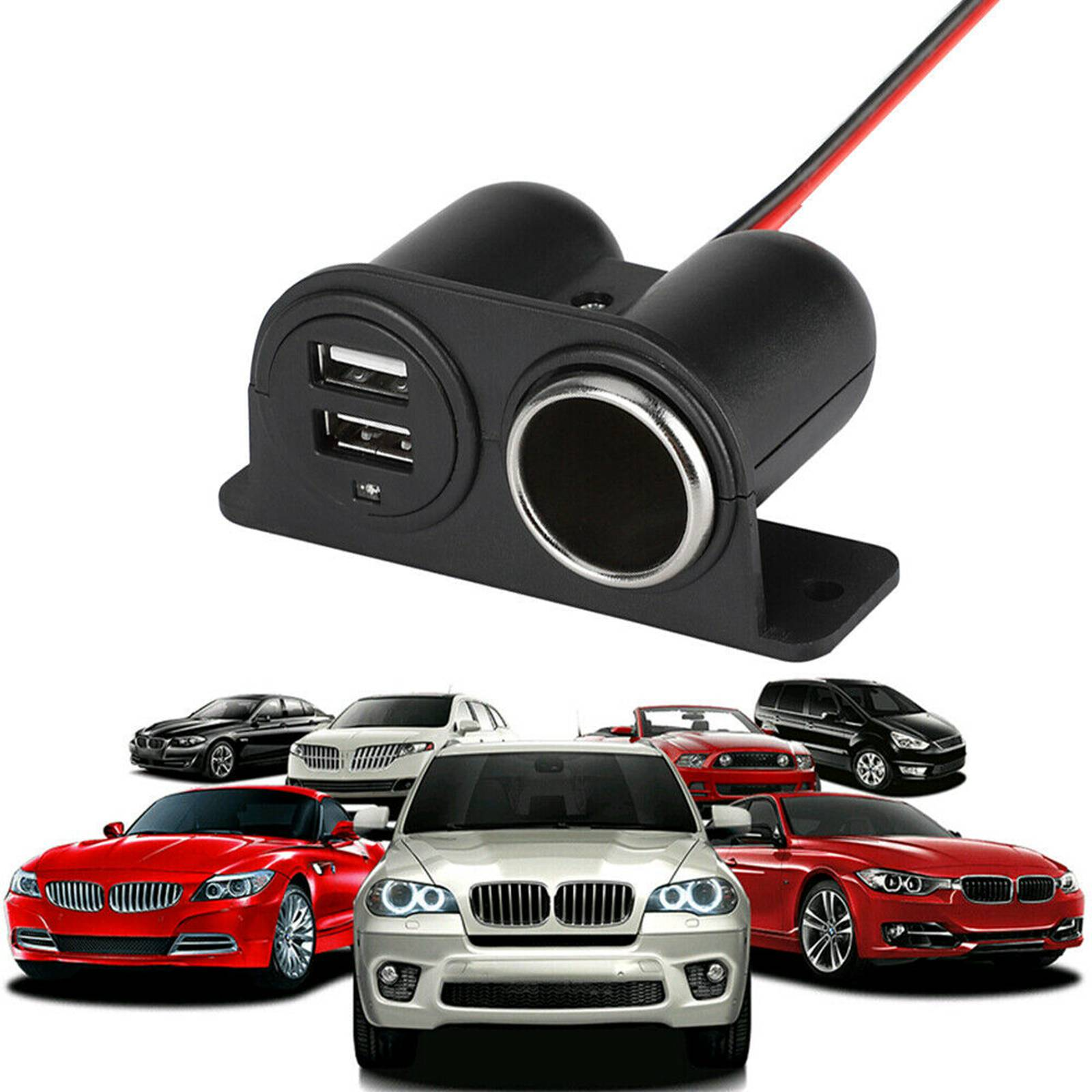 Car Cigarette Lighter Socket Splitter with Dual USB Charger Power Adapter designed for 12V vehicles, featuring a compact and waterproof design.
