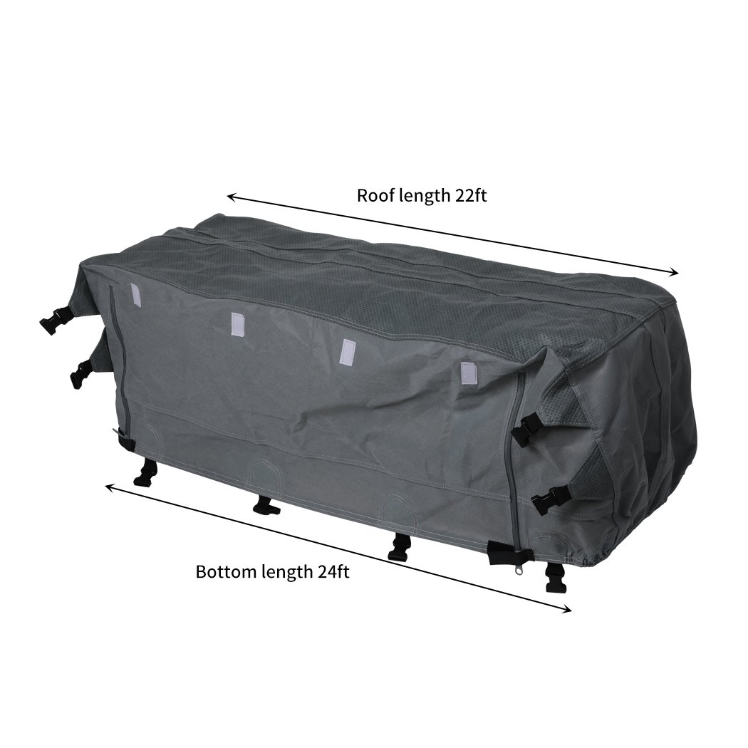 Heavy-duty caravan cover in grey, showcasing 4-layer construction and adjustable straps for secure fit.