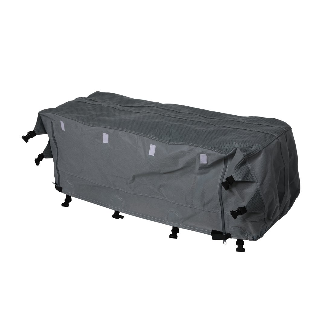 Heavy-duty caravan cover in grey, showcasing its 4-layer design and adjustable straps for secure fit.