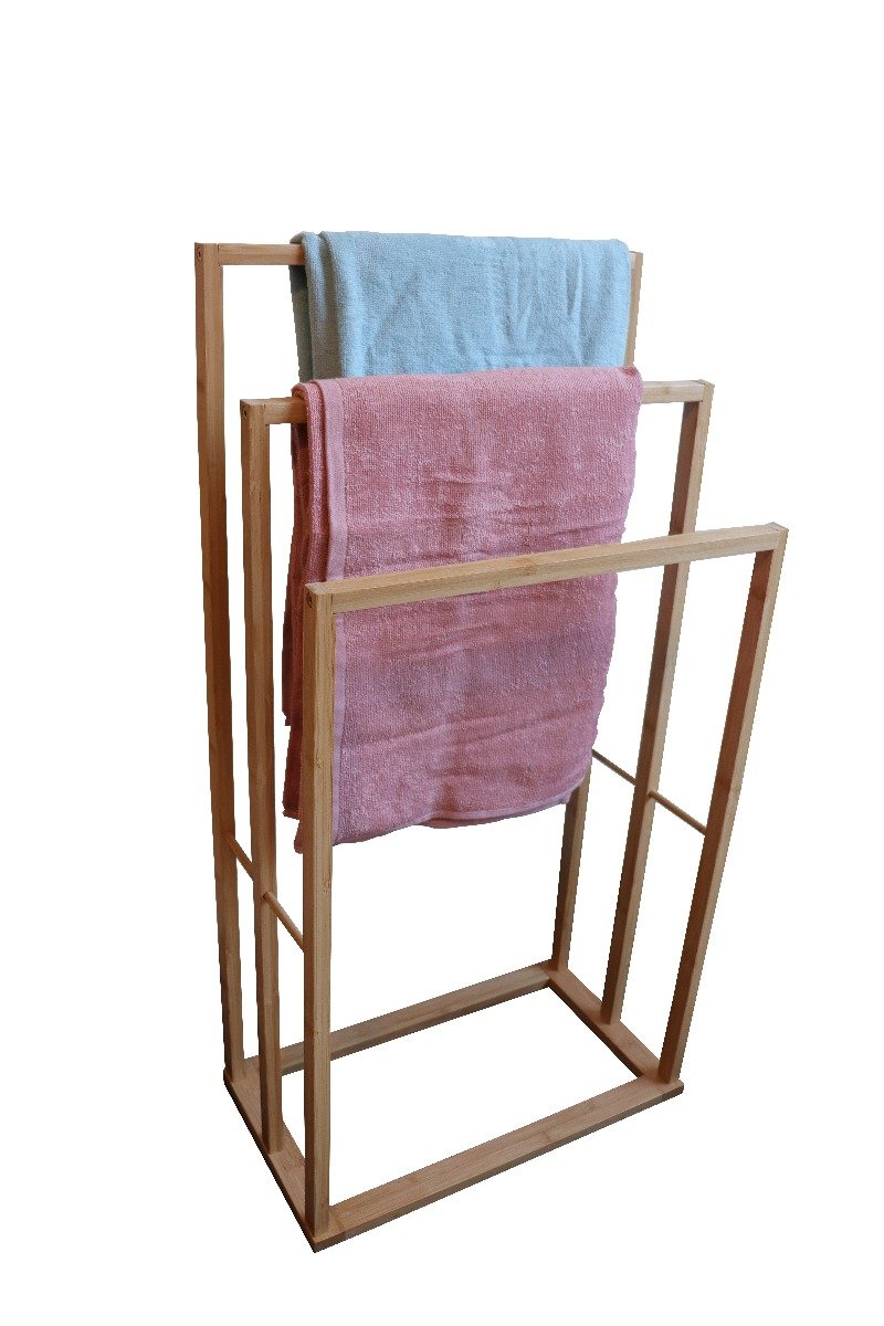 CARLA HOME Bamboo Towel Bar Holder Rack with three tiers, showcasing a modern design suitable for bathrooms and laundry rooms.