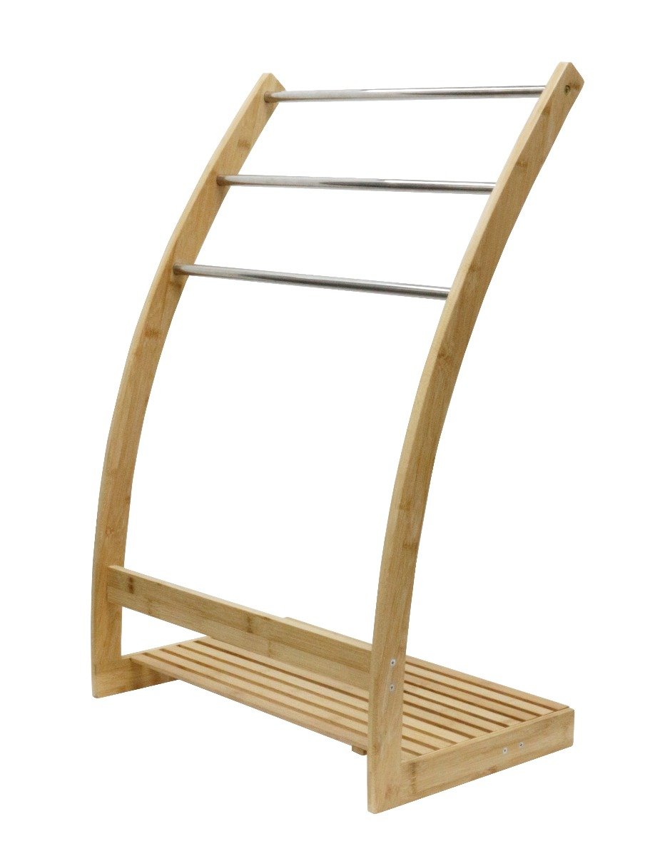 CARLA HOME Bamboo Towel Bar featuring a modern 3-tier design with bamboo and metal materials, ideal for towel storage and drying.