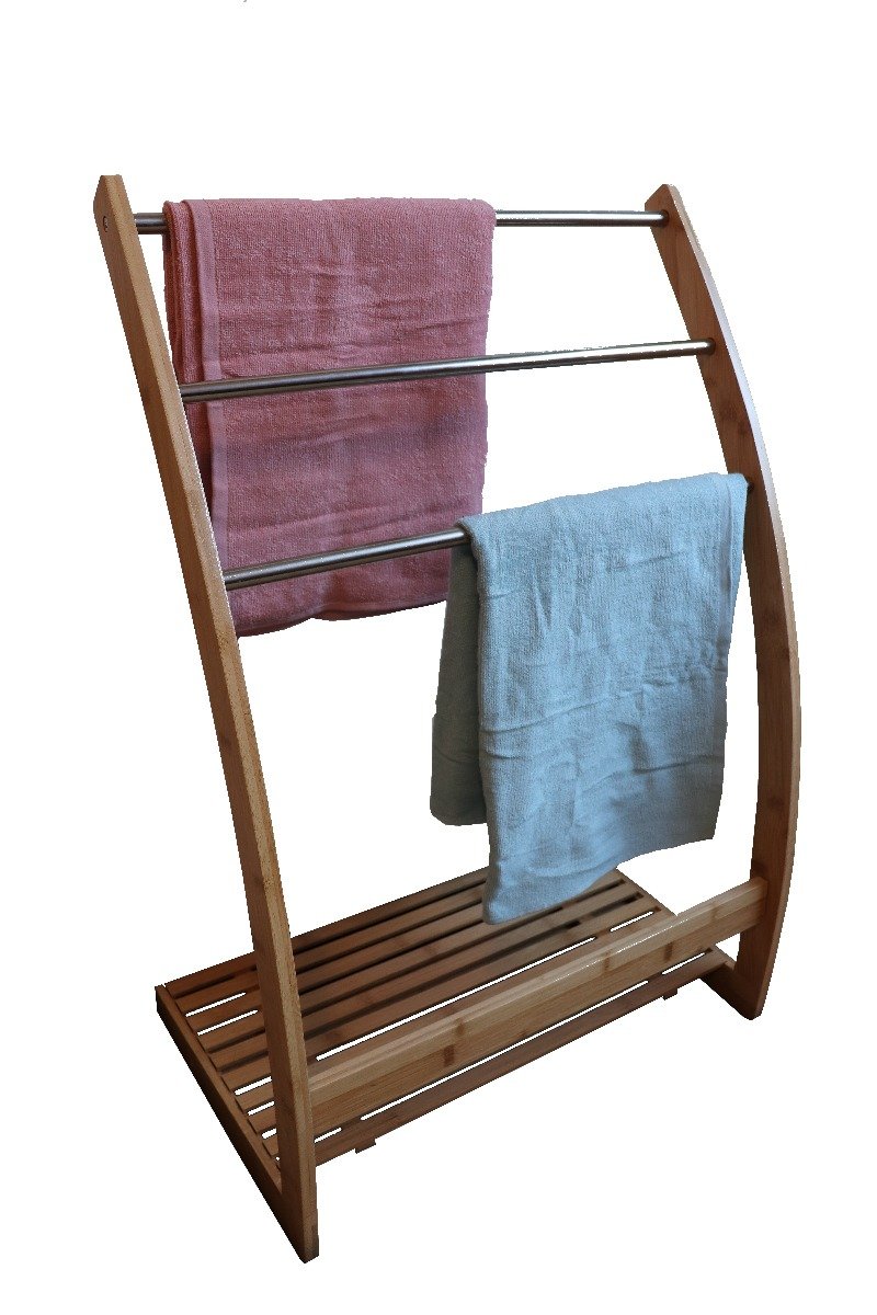 CARLA HOME Bamboo Towel Bar featuring a modern 3-tier design with bamboo and metal materials, ideal for towel storage and drying.