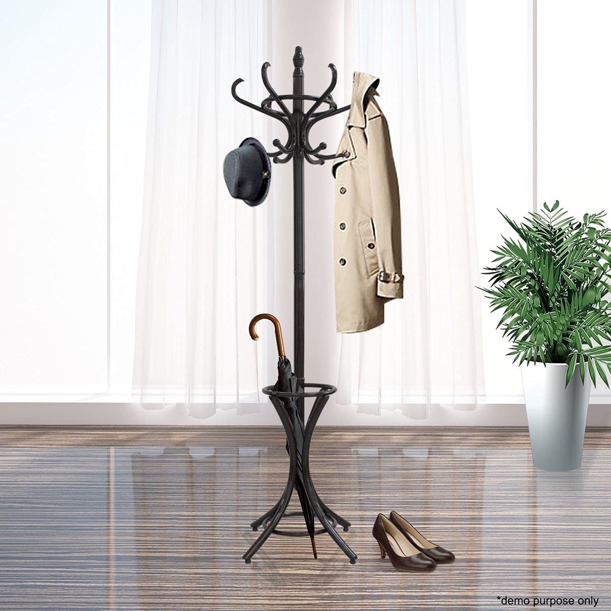 CARLA HOME Brown Coat Rack with Stand featuring 12 hooks and a stylish walnut finish, designed for coats, hats, and umbrellas.