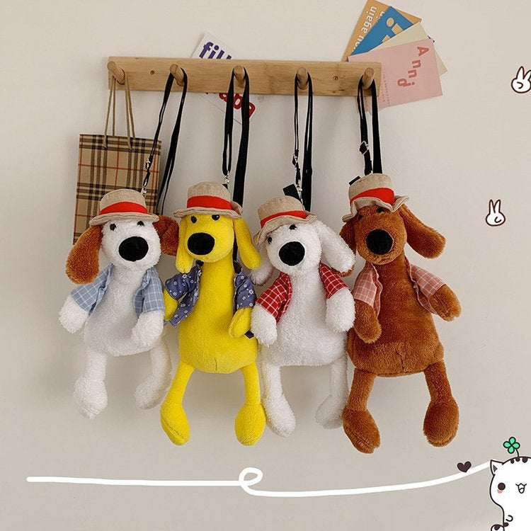 Cartoon Plush Doll Shoulder Bag featuring a cute puppy design, made from soft plush and polyester, ideal for carrying small items.