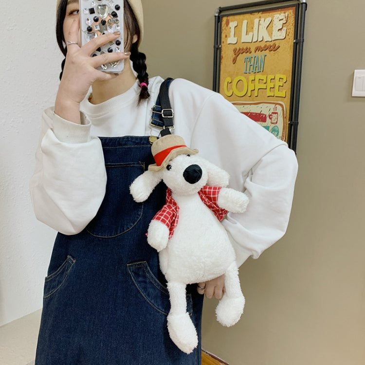 Cartoon Plush Doll Shoulder Bag featuring a cute puppy design, made from soft plush and polyester, ideal for carrying small items.