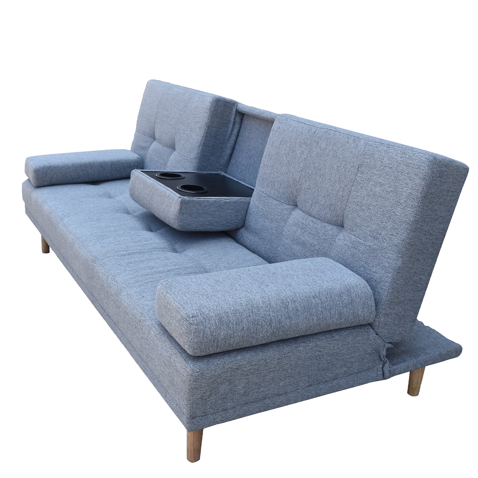 Casa Decor Mendoza 2-in-1 Sofa Bed Couch in Grey with pull-down cupholders, showcasing modern Scandinavian design and removable cushions.