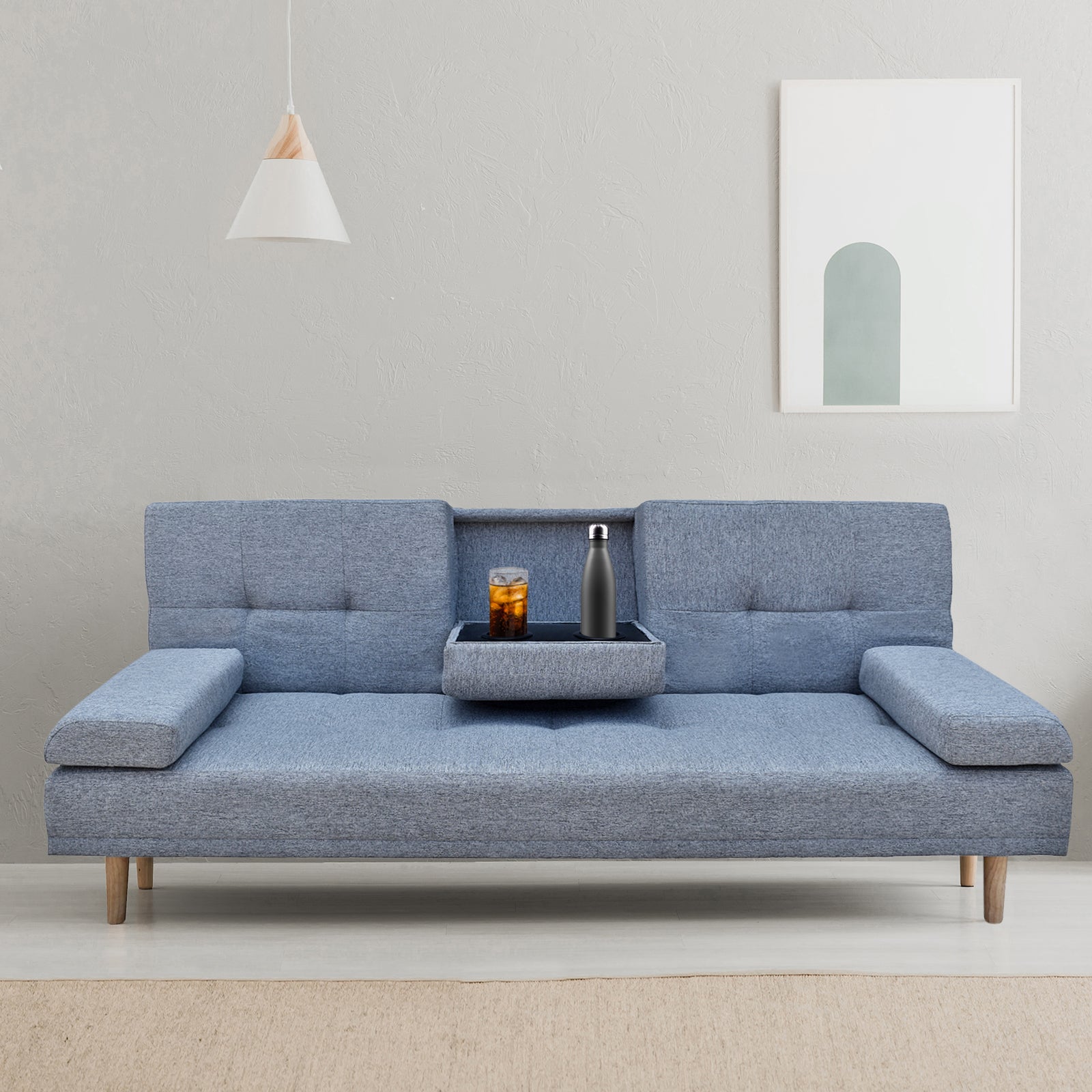 Casa Decor Mendoza 2-in-1 Sofa Bed Couch in Grey with pull-down cupholders, showcasing modern Scandinavian design and removable cushions.